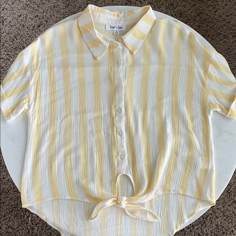 Sewn + Seen Top Medium Yellow White Striped Button Up Knot Front